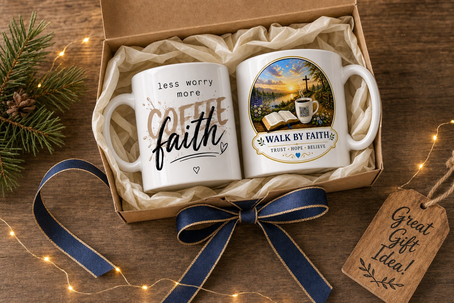 Less Worry More Faith and Walk By Faith mugs gift-wrapped in a kraft box with string lights and a navy ribbon